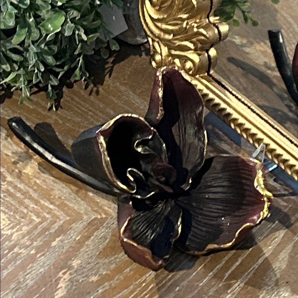 NEW! Vintage Inspired Elegant Black & Deep Purple Gold Ceramic Orchid Flower